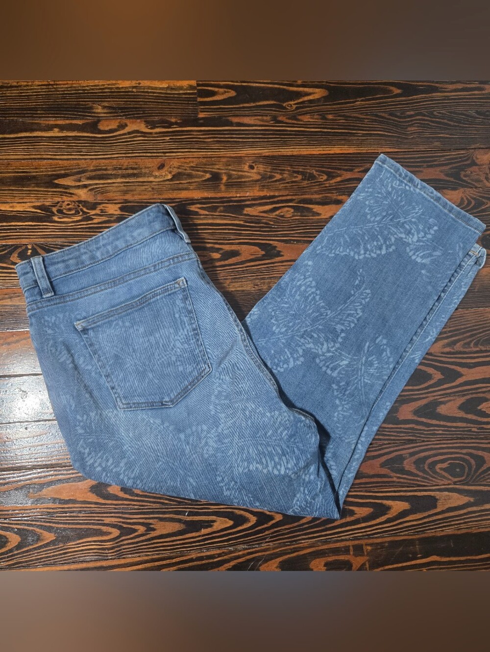 Chaps Denim Blue Laser Cut Etched Floral Paisley Straight Leg Cropped Jeans 14